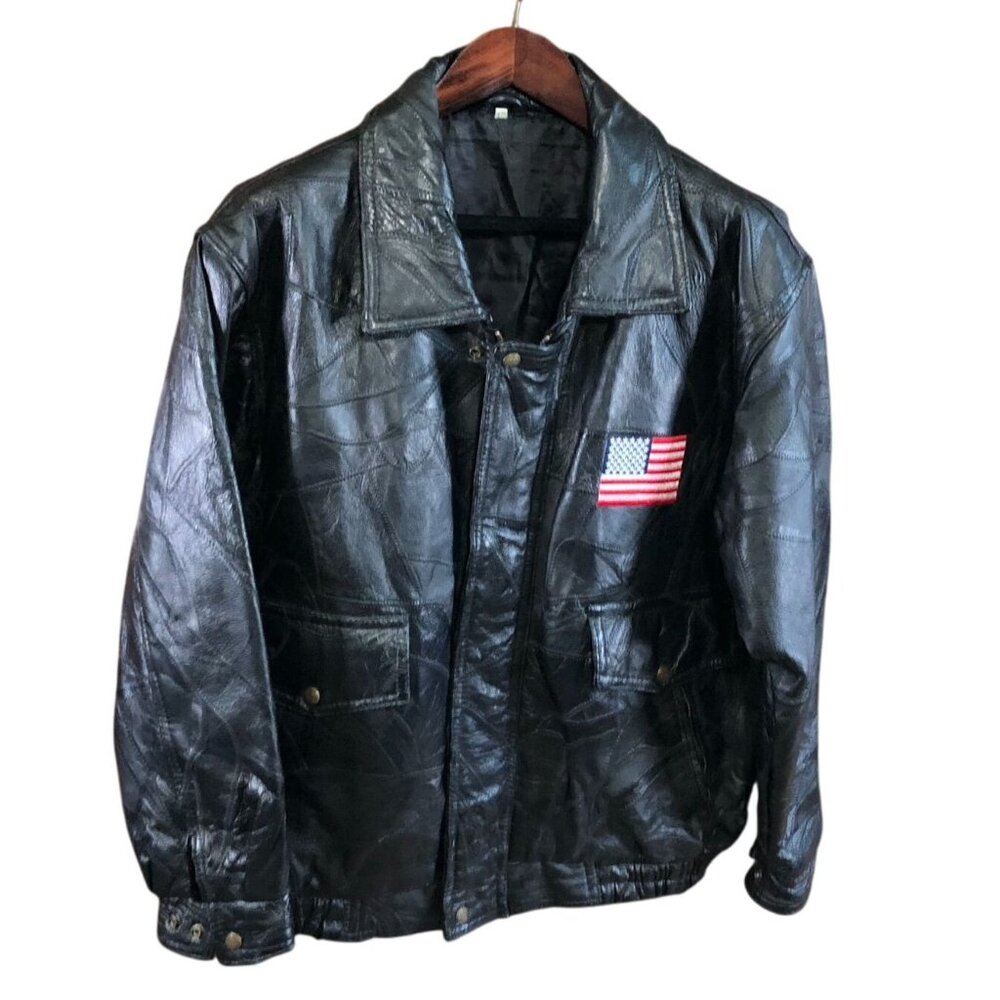 Vintage Men's Leather Jacket Large Patriotic Black Full Zip Collared Biker